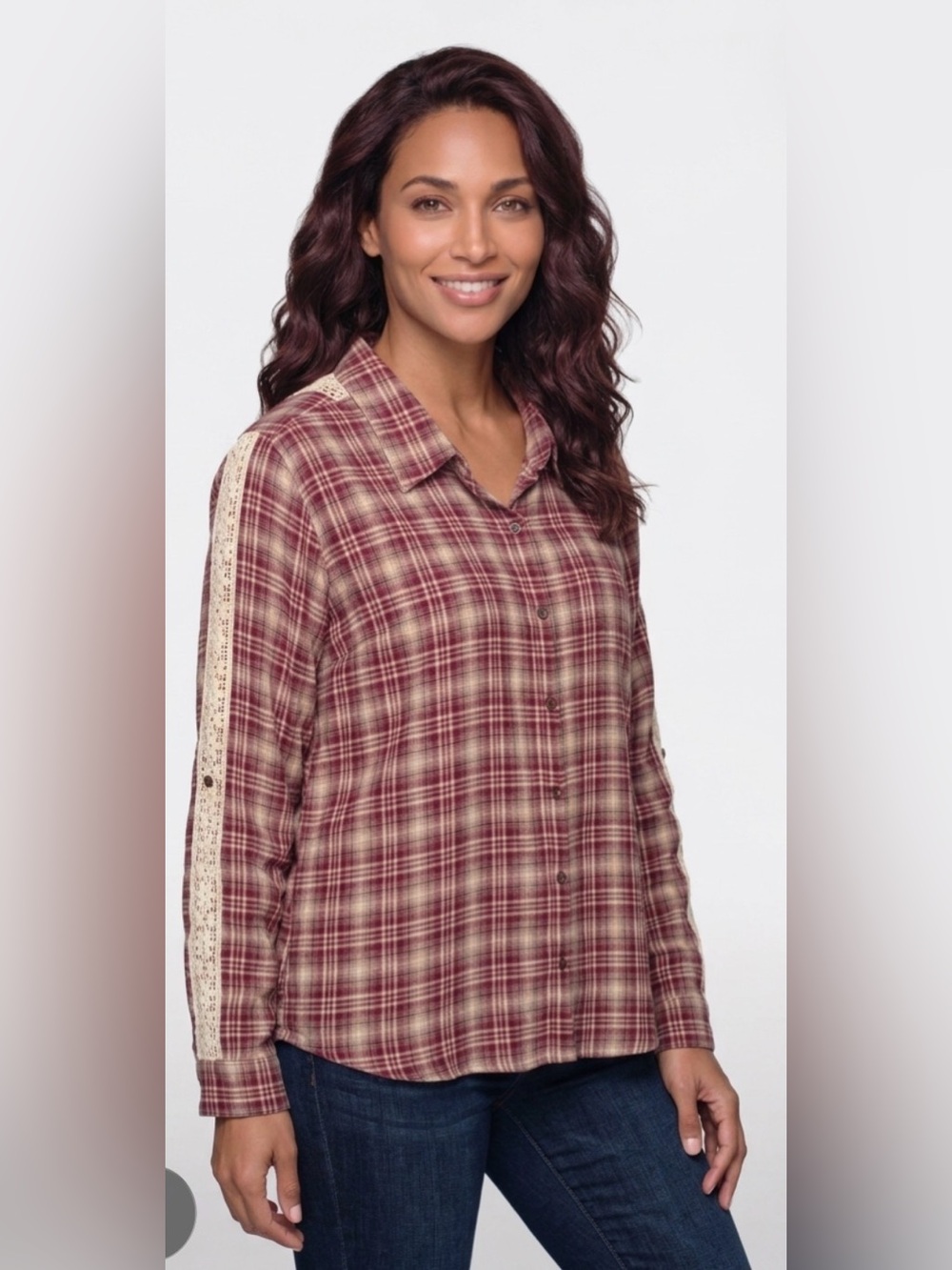NWT Kate & Sam Burgundy Plaid Crochet Lace Blouse - XXL